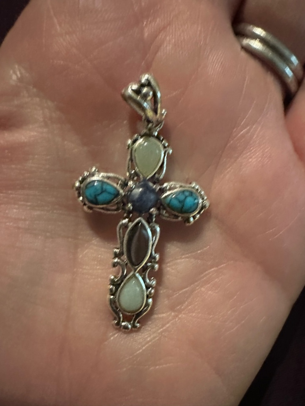 Sterling Silver Multi-Stone Cross Pendant in Turquoise and Cream